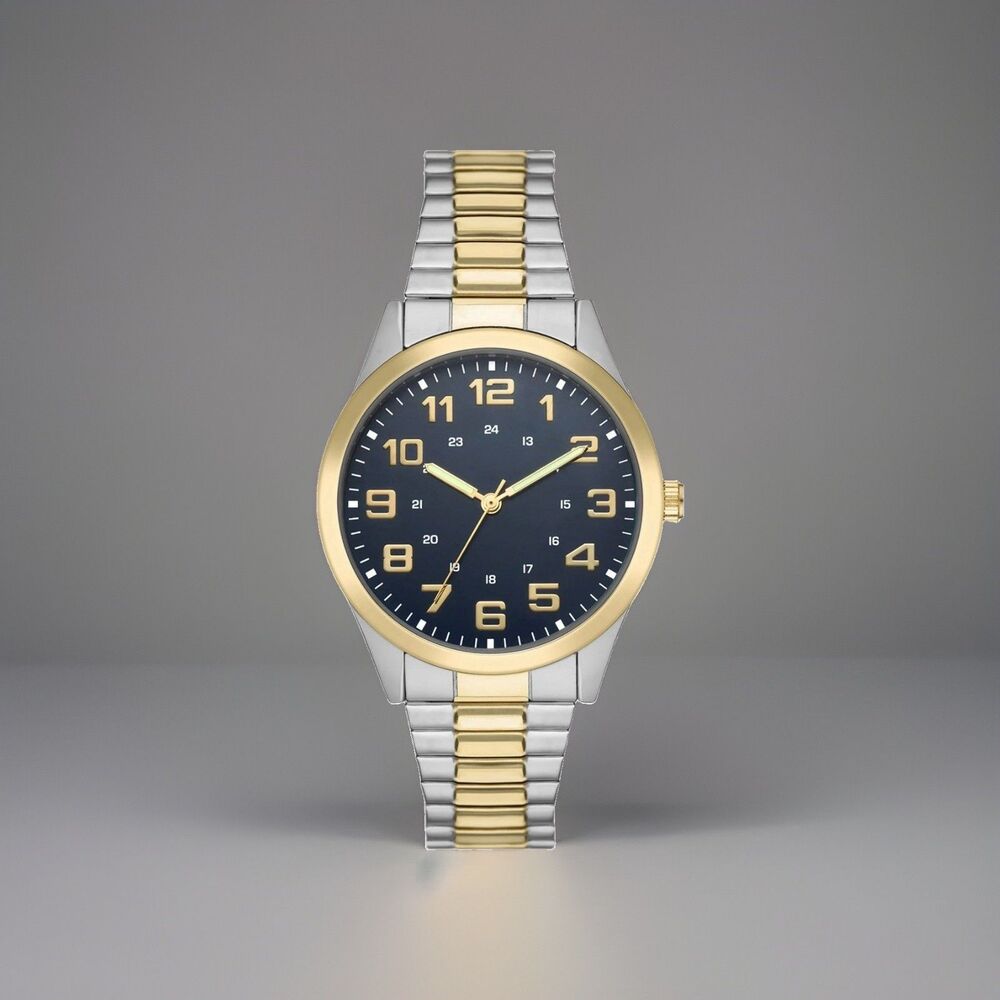 George Mens Watch 2 Tone Silver/Gold Case Blue Easy Read Dial Expansion Band NEW